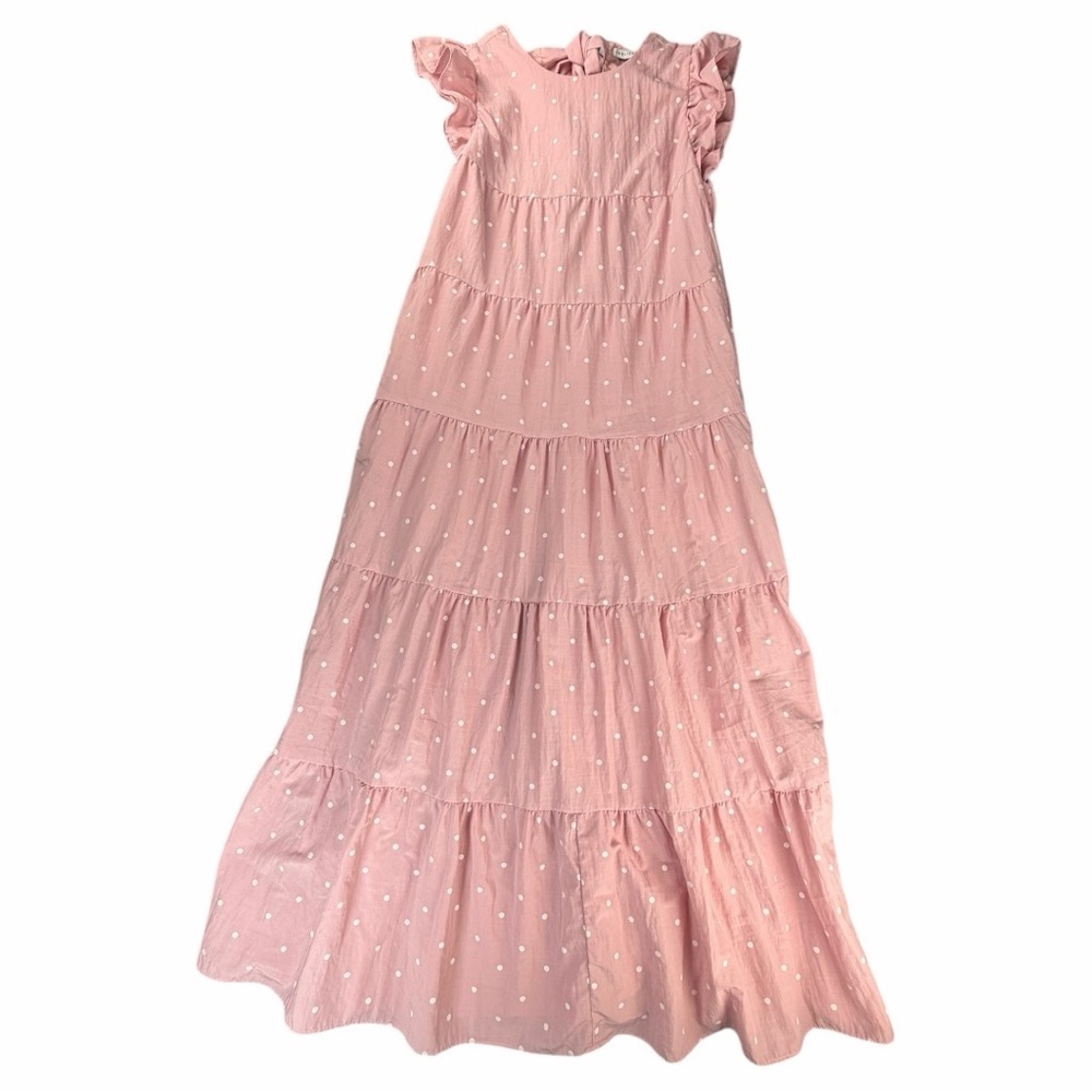 English Factory Women's Pink Polka Dot Tiered Maxi Dress W/Tie Back Size Small - Picture 2 of 13